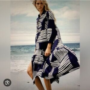Zara Navy and White Striped Midi Dress